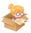A girl reading book in a box