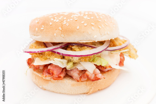 Photo: burger with bacon and vegetables burger with bacon and vegetables
