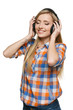 Photo: Female enjoying the music in headphones with closed eyes Female enjoying the music in headphones with closed eyes