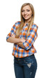 Young smiling female standing with hands folded