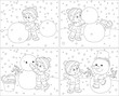 Small boy sculpts a funny snowman