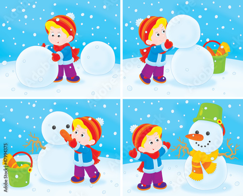 Illustration: Small child sculpts a snowman Small child sculpts a snowman