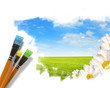 Paint brushes and landscape image