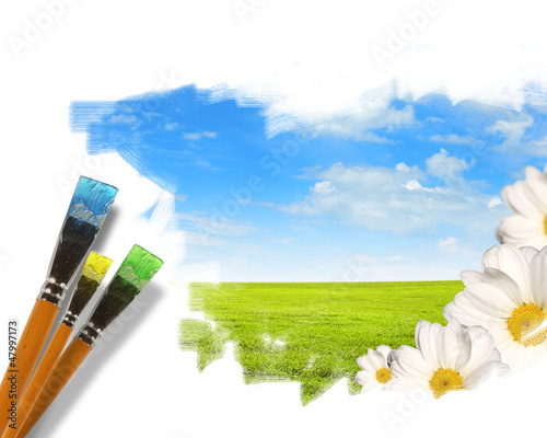 Photo: Paint brushes and landscape image Paint brushes and landscape image