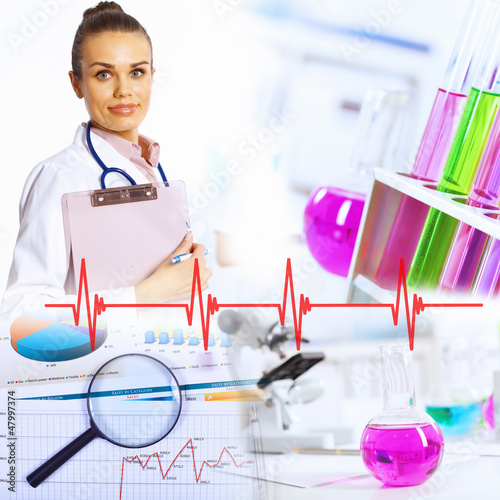 Photo: Collage with scientist in laboratory Collage with scientist in laboratory