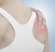 Acute pain in a woman shoulder. Female holding hand to spot of s