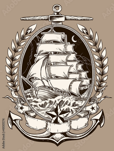 Vector: Tattoo Style Pirate Ship In Crest Tattoo Style Pirate Ship In Crest