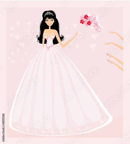 Illustration: Young bride throwing wedding bouquet to bridesmaids Young bride throwing wedding bouquet to bridesmaids
