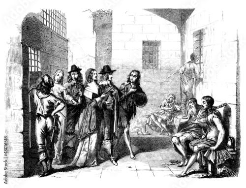 Illustration: Aristocrats visiting a Prison - 17th century Aristocrats visiting a Prison - 17th century