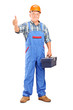 Photo: Manual worker holding tool box and giving a thumb up Manual worker holding tool box and giving a thumb up