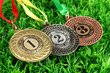 Three medals on grass background