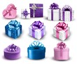 Set of colorful gift boxes with bows and ribbons. Vector illustr