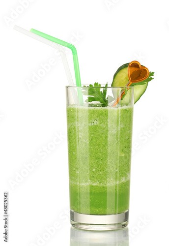 Photo: Green vegetable juice isolated on white Green vegetable juice isolated on white