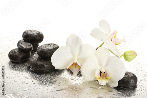 Photo: Spa stones and orchid flowers, isolated on white. Spa stones and orchid flowers, isolated on white.