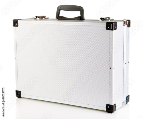 Photo: Silvery suitcase isolated on white Silvery suitcase isolated on white