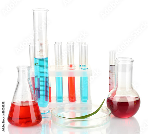 Photo: Test-tubes and green leaf tested in petri dish, isolated Test-tubes and green leaf tested in petri dish, isolated