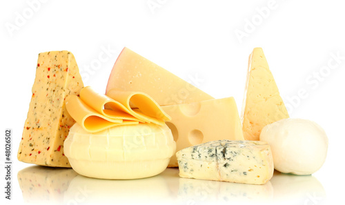 Photo: Various types of cheese isolated on white Various types of cheese isolated on white