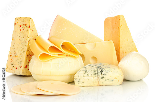 Photo: Various types of cheese isolated on white Various types of cheese isolated on white