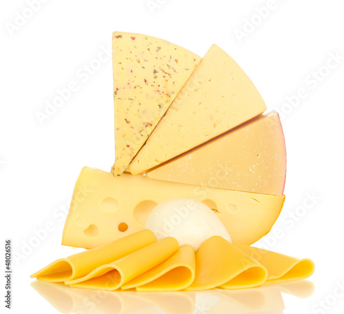 Photo: Various types of cheese isolated on white Various types of cheese isolated on white