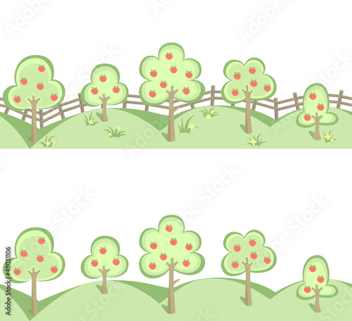 Vector: Fruit trees and a field of flowers in horizontal seamless border Fruit trees and a field of flowers in horizontal seamless border