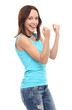 Happy young woman clenching fists