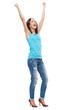 Happy young woman clenching fists