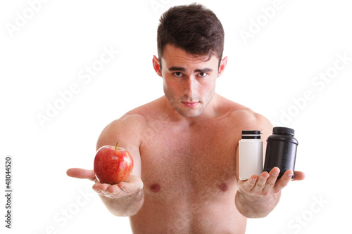 Photo: vitamin or pills drag tablet boxes supplements Man isolated vitamin or pills drag tablet boxes supplements Man isolated