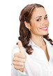 Woman with thumbs up gesture, over white