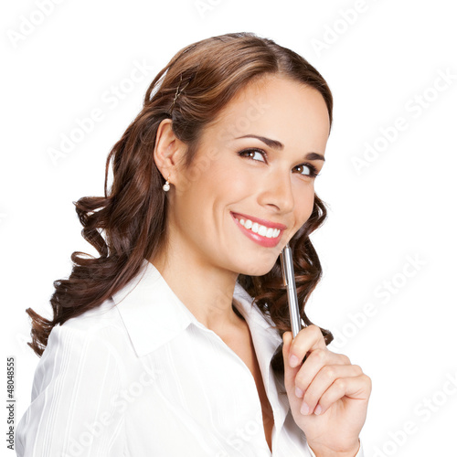 Photo: Young businesswoman with pen, isolated Young businesswoman with pen, isolated