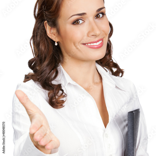 Photo: Businesswoman giving hand for handshake, on white Businesswoman giving hand for handshake, on white