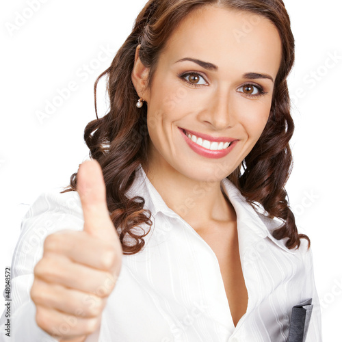 Photo: Woman with thumbs up gesture, over white Woman with thumbs up gesture, over white