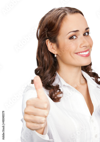 Photo: Woman with thumbs up gesture, over white Woman with thumbs up gesture, over white