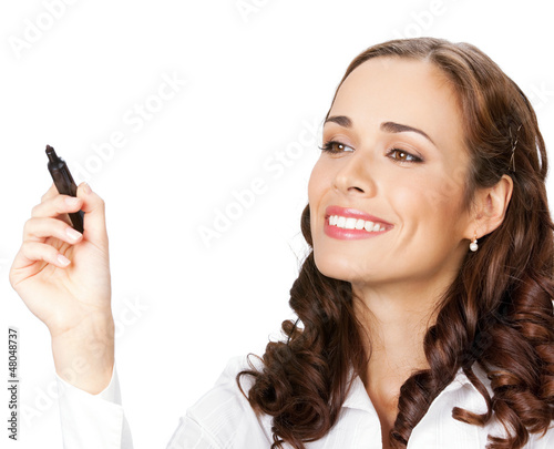 Photo: Businesswoman writing or drawing on screen, isolated Businesswoman writing or drawing on screen, isolated