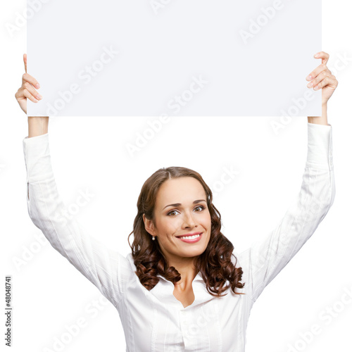 Photo: Woman showing blank signboard, isolated Woman showing blank signboard, isolated