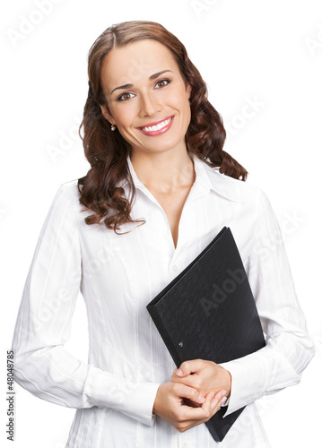 Photo: Smiling businesswoman with black folder, on white Smiling businesswoman with black folder, on white