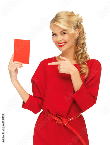 Photo: lovely woman in red dress with note card lovely woman in red dress with note card