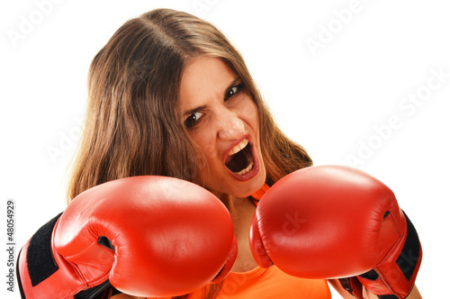 Photo: Portrait of young woman with red boxing gloves Portrait of young woman with red boxing gloves