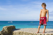 young happy child boy on rocks on tropical sea background