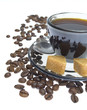 coffee beans, cup, Pots, cinnamon on dark background