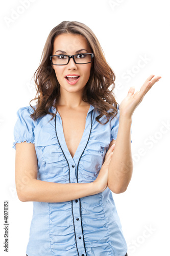 Photo: Beautiful young woman showing blank signboard Beautiful young woman showing blank signboard