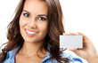Businesswoman with blank business card, isolated