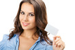Businesswoman with blank business card, isolated