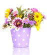 beautiful bouquet of bright flowers in metal pot isolated