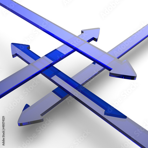 Illustration: Blaue 3D Pfeile aus Glas in vier Richtungen 2 Blaue 3D Pfeile aus Glas in vier Richtungen 2