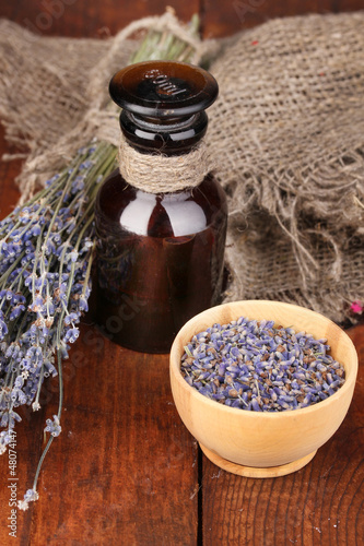 Photo: Lavender flowers and jar Lavender flowers and jar