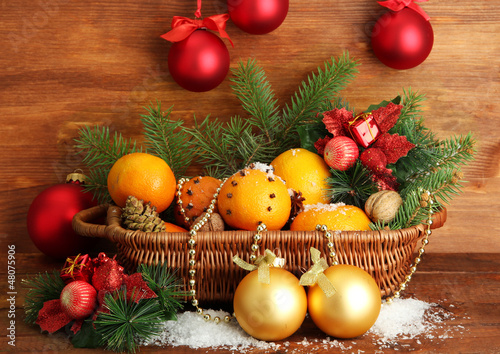 Photo: christmas composition in basket with oranges and fir tree, christmas composition in basket with oranges and fir tree,