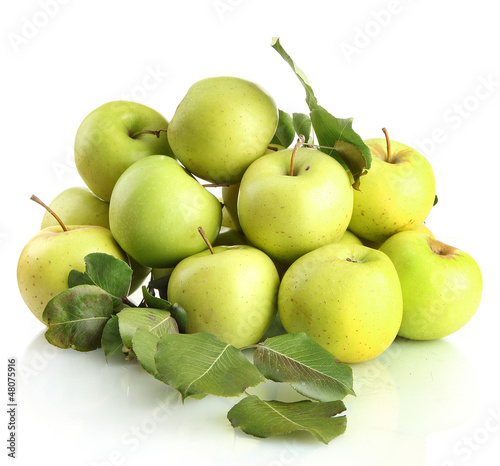 Photo: juicy apples with green leaves, isolated on white juicy apples with green leaves, isolated on white