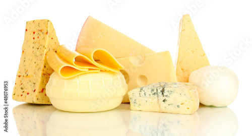 Photo: Various types of cheese isolated on white Various types of cheese isolated on white