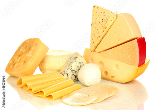 Photo: Various types of cheese isolated on white Various types of cheese isolated on white