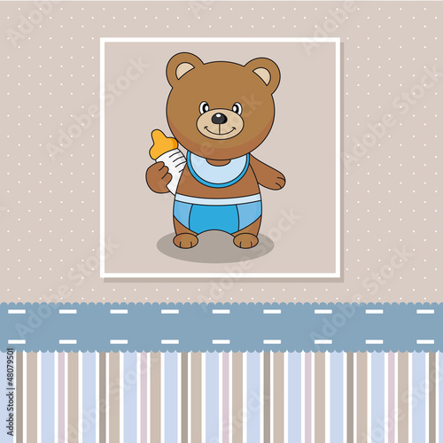 Vector: bear with baby bottle. Baby boy arrival announcement card bear with baby bottle. Baby boy arrival announcement card